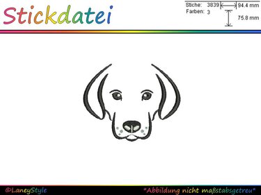 Stilisierter Hundekopf als Stickdatei in drei Farben, ca. 94×76 mm, 3839 Stiche