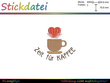 Stickdatei "Kaffeetasse mit Herz - Zeit für Kaffee" - (DST, VP3, XXX, PES) - Sticken