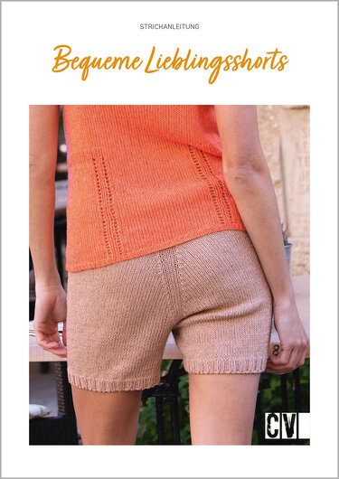 Beige gestrickte Shorts mit orangefarbenem Top, Rückansicht