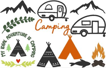 Camping-Stickmotive: Wohnwagen, Tipis, Bergsilhouetten, Lagerfeuer, Blatt- und Fischmotive sowie die Schriftzüge „Camping“ und „My ideal adventure is camping“.