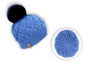 Side and top detail views of a blue crocheted beanie showing ribbed band and crown construction
