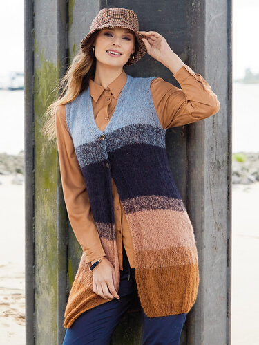 Lange Weste mit breiten Streifen in Hellblau, Dunkelblau, Rost und Lachs
