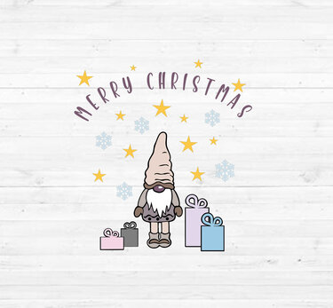 Weihnachtswichtel mit spitzer Mütze, Geschenken, gelben Sternen, Schneeflocken und dem Schriftzug 'Merry Christmas' auf hellem Holzgrund.