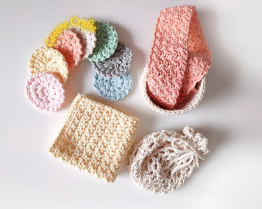 Face Scrubbies, Basket, Mesh Bag & Washcloth Set - Spa Set Crochet Pattern