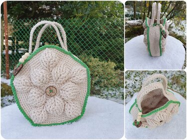 Beigefarbene gehäkelte Henkeltasche in Pentagonform mit grünem Rand, Blütenrelief und Holzperlen