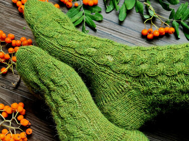 Grüne gestrickte Socken mit Zopfmuster, dekoriert mit orangefarbenen Ebereschenbeeren auf dunklem Holz.