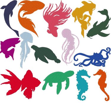 Meerestiere Silhouette 2 Stickdatei  Fisch Qualle Seepferdchen Schildkröte - Sticken