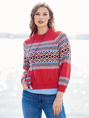 Roter Raglanpulli mit grafischem Norwegermuster