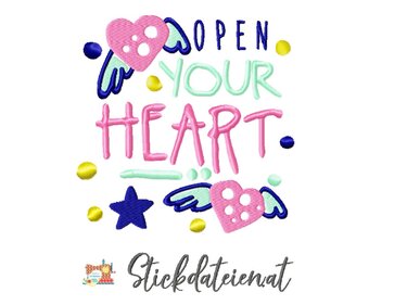 Open Your Heart, Love, Peace, Stickdatei in 3 Größen - Sticken