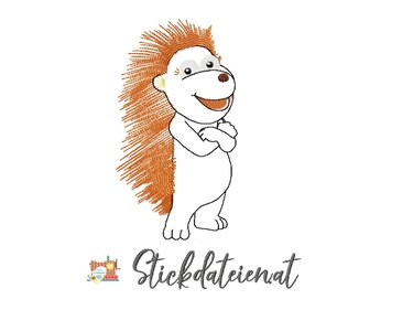 Gesticktes Cartoon-Igel-Motiv, stehender Igel mit orangen Stacheln und verschränkten Armen