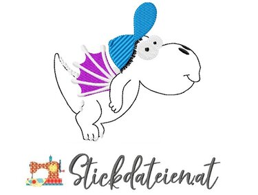 Stilisiertes gesticktes Drachenmotiv mit blauer Mütze und lila Flügeln