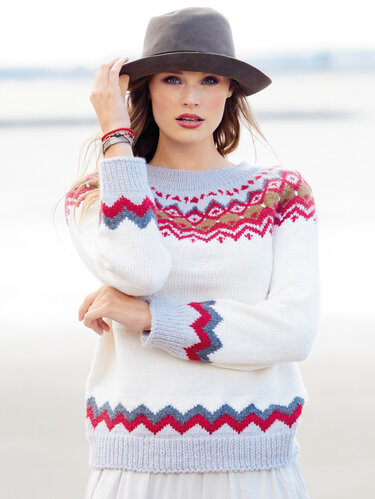 Naturfarbener Pullover mit Jacquardmusterpasse in Rot, Braun, Grau