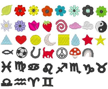 Raster bunter kleiner Stickmotive: Blumen, Blatt, Herzen, Erdbeere, Spirale, Pilz, Regenbogen, Symbole und 12 Sternzeichen