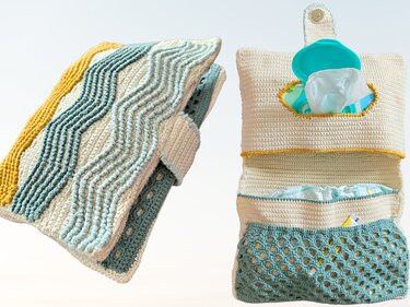 Gehäkelte Wickeltasche mit aufklappbarer Wickelunterlage, Wellenmuster in Creme, Gelb und Türkis, mit Fächern für Feuchttücher und Windeln.
