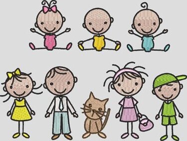 Stickdatei Strichmännchen Familie 2  Mann, Mutter, Kind, Katze, Baby, Kinde - Sticken