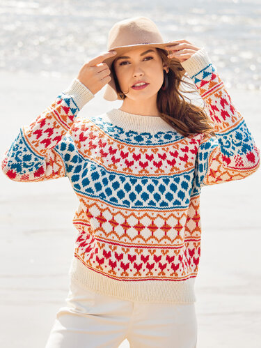 Jacquardpulli mit Rundpasse in Wollweiß, Rot, Blaugrün und Orange