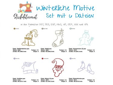 Sechs winterliche Stickmotive: Stiefelmädchen, gefüllter Stiefel, Schneemann, Schlitten, Nikolauskopf, Eislaufschuhe.