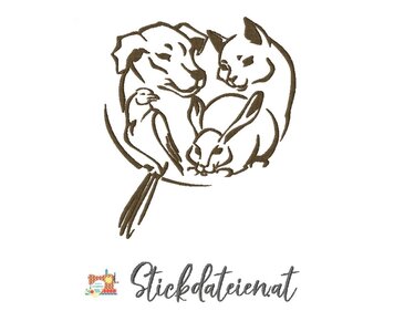 Stickdatei Tierliebe, Hund, Katze, Hase, Vogel, Stickdatei in 3 Größen - Sticken