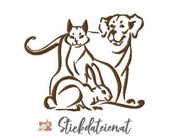 Stickmotiv mit braunen Umrissen von Katze, Hund und Hase auf hellem Hintergrund