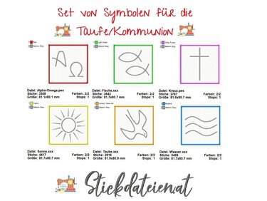 Sechs religiöse Stickmotive (Alpha‑Omega, Fische, Kreuz, Sonne, Taube, Wellen) in Einzelrahmen