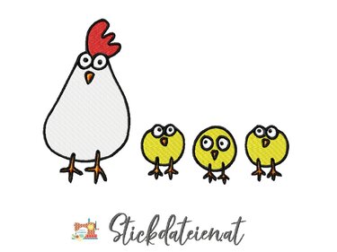 Stickdatei Hühnerfamilie, Küken Stickdatei 13x18, Maschinensticken