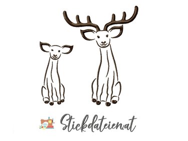 Stickdatei Rehfamilie, Stickdatei in 3 Größen, Rehe Stickvorlage - Sticken