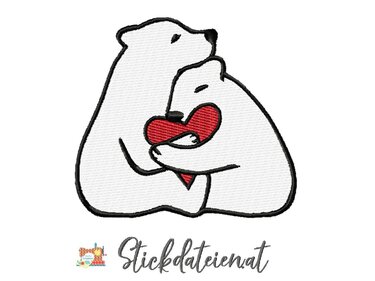 Stickdatei: zwei umarmende Eisbären mit rotem Herz