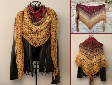 Triangle crochet shawl in burgundy-to-gold gradient draped over a black jacket on a dress form