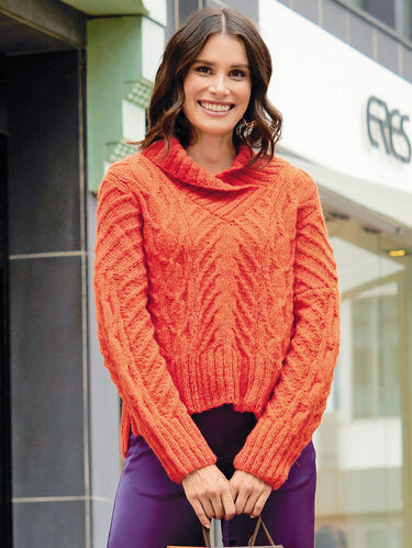 Pulli mit Zopfmuster und Schalkragen in Orange