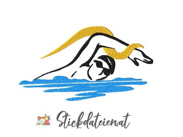 Gesticktes, stilisiertes Motiv eines Kraulschwimmers in Schwarz und Gelb mit blauen Wasserlinien auf weißem Hintergrund.