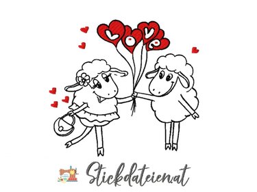 Stickmotiv zweier Schafe mit roten Herzballons, die die Buchstaben LOVE bilden, auf wei0em Hintergrund.