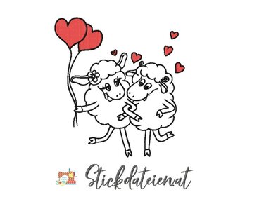 Zwei tanzende Schafe mit roten Herzballons und kleinen Herzen, Konturstickerei
