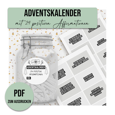 Adventskalender-PDF mit Glasgefäß, Zetteln und gedruckten Affirmationskärtchen