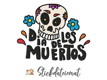 Bunter Zuckerschädel-Stick mit Schriftzug „Día de los Muertos“ und Blumenranken