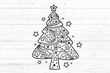 Schwarze Linienzeichnung eines ornamentalen Tannenbaums auf hellem Holz-Hintergrund