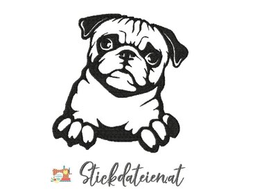 Stickdatei Mops, kleine Hunderasse Stickvorlage, süße Stickdatei in 3 Größe - Sticken