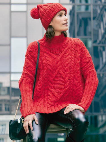 Roter Pullover mit Aranmuster und Mütze - Stricken