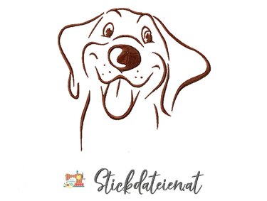 Braune Linien-Stickerei eines lächelnden Hundekopfes mit heraushängender Zunge