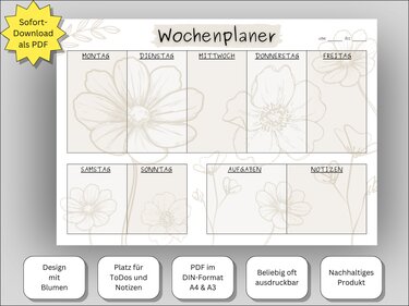Wochenplaner‑Vorlage mit zarten Blumenillustrationen, Feldern für alle Wochentage sowie separaten Bereichen für Aufgaben und Notizen.