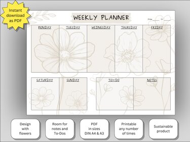 Weekly planner with todos and notes, flower design, format DIN A3 + A4, PDF - Crafts