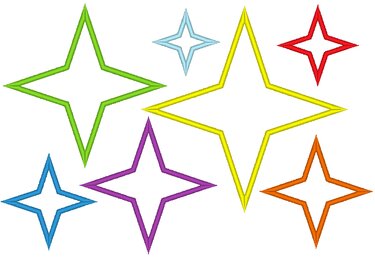 Mehrere bunte vierzackige Sternkonturen als Stickmotiv in verschiedenen Größen