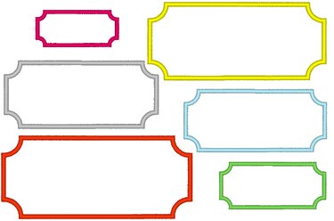 Sechs farbige Stickrahmen mit geschwungenen Ecken in Pink, Gelb, Grau, Hellblau, Orange und Grün.