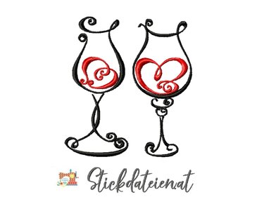 Weingläser Stickdatei, Herz Stickmuster 10x10, Liebespaar Stickerei - Sticken