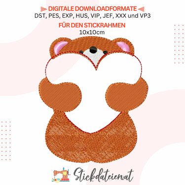 Teddybär mit Herz Stickdatei 10x10, Liebevolle Bärenapplikation, Kuschelbär - Sticken