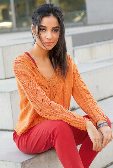 Gestrickter V-Ausschnittpulli in Orange - Stricken