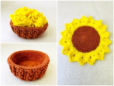 Collage mit leerem und mit gelbem Garn gefülltem braunem Häkelkorb sowie einem gelb-braunen Sonnenblumen-Untersetzer