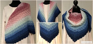 Mehrere Ansichten eines gehäkelten Dreieckstuchs mit Farbverlauf von Rosa über Mint zu Marineblau, strukturiertes Muster und Muschelrand