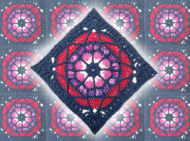 Lebhaftes Granny Square mit zentralem sternförmigen Mandala in Blau, Rot und Pink