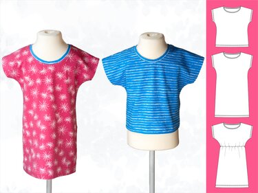 Zwei Kinder‑Shirts auf Schaufensterpuppen (pink mit Blumenmuster, blau gestreift) neben technischen Zeichnungen der drei Schnittvarianten.
