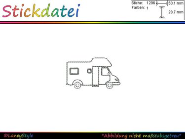 Umriss-Stickmotiv eines Wohnmobils mit sichtbaren technischen Angaben (Stiche, Farben, Maße).